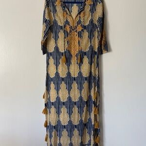 Roller Rabbit Blue and Gold Patterned Long Sleeve Dress